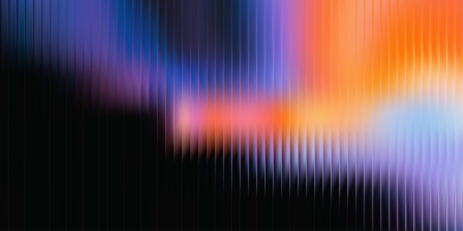 Glass ripple texture with dark gradient background and vivid orange, blue, and lilac light streaks. Futuristic distortion, moody abstract glow, reeded vertical blur. Vector illustration